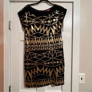#121 POOKIE & SEBASTIAN BLACK & GOLD SEQUIN DRESS LARGE